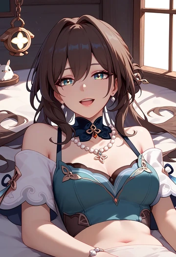 star rail,ruan mei,off-shoulder top,dolphin shorts  - AI generated anime art